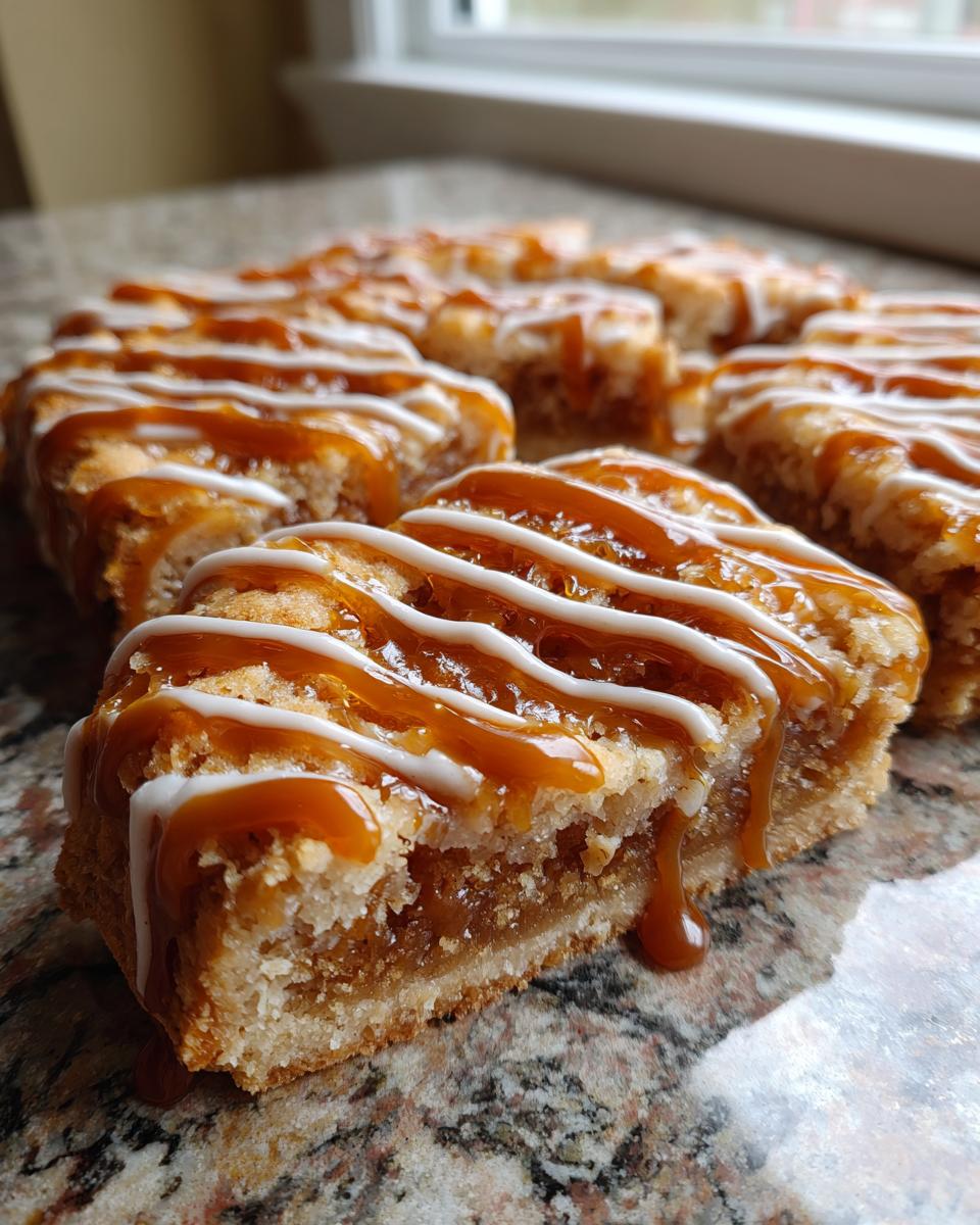 A close-up of a freshly cut salted caramel cinnamon sourdough pop tart bar drizzled with caramel and white icing.
