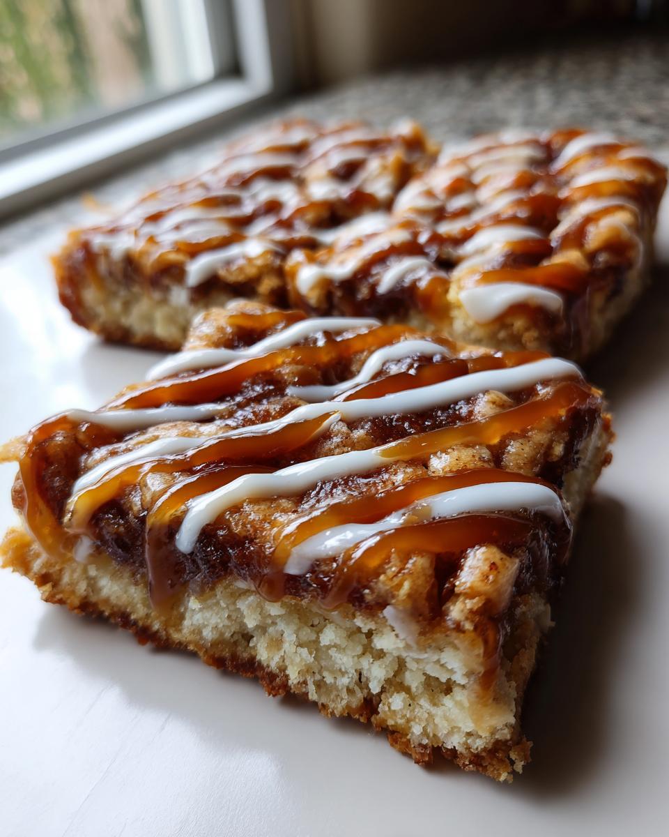 Two squares of salted caramel cinnamon sourdough pop tart bars drizzled with caramel and white icing.