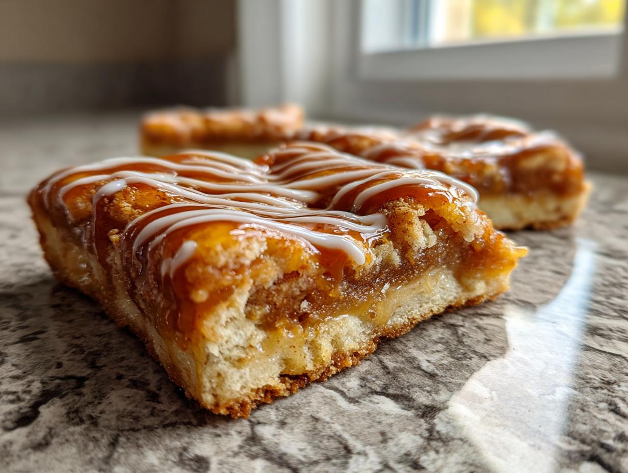 A close-up cross-section of a salted caramel cinnamon sourdough pop tart bar, drizzled with white icing.