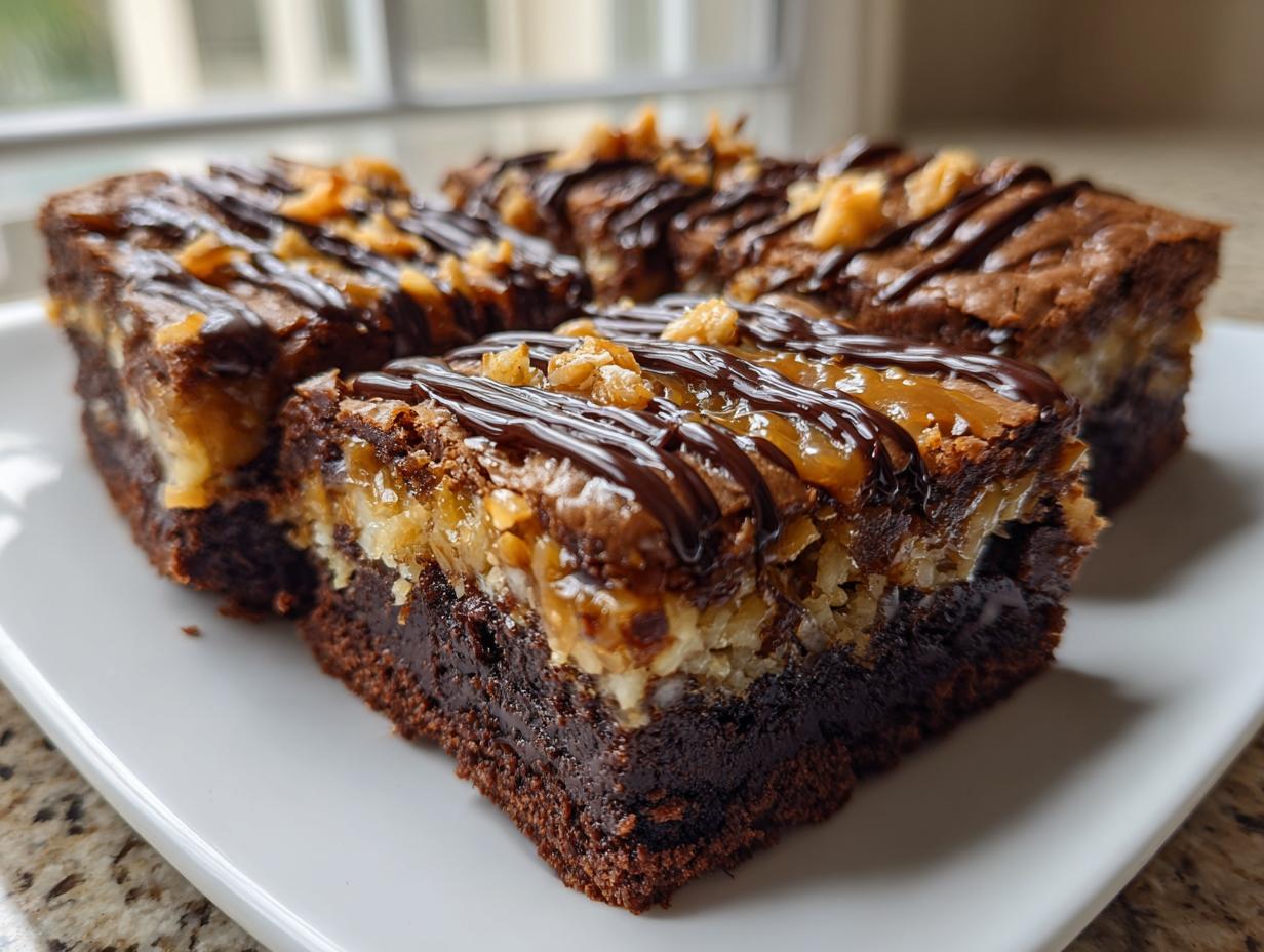 Close-up of rich Samoa box mix brownies squares topped with caramel, coconut, and chocolate drizzle.