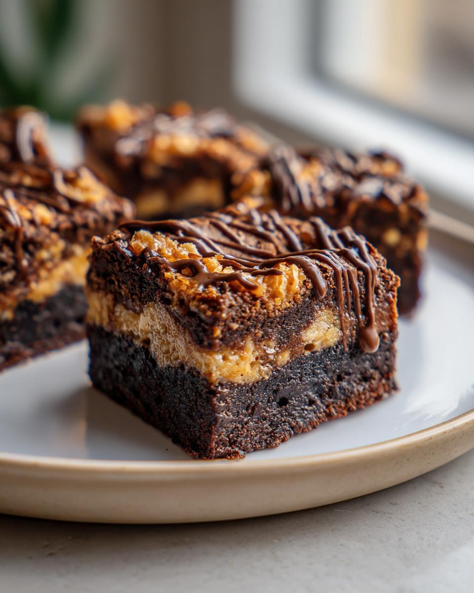 A rich, layered square of Samoa box mix brownies topped with caramel and drizzled with chocolate.