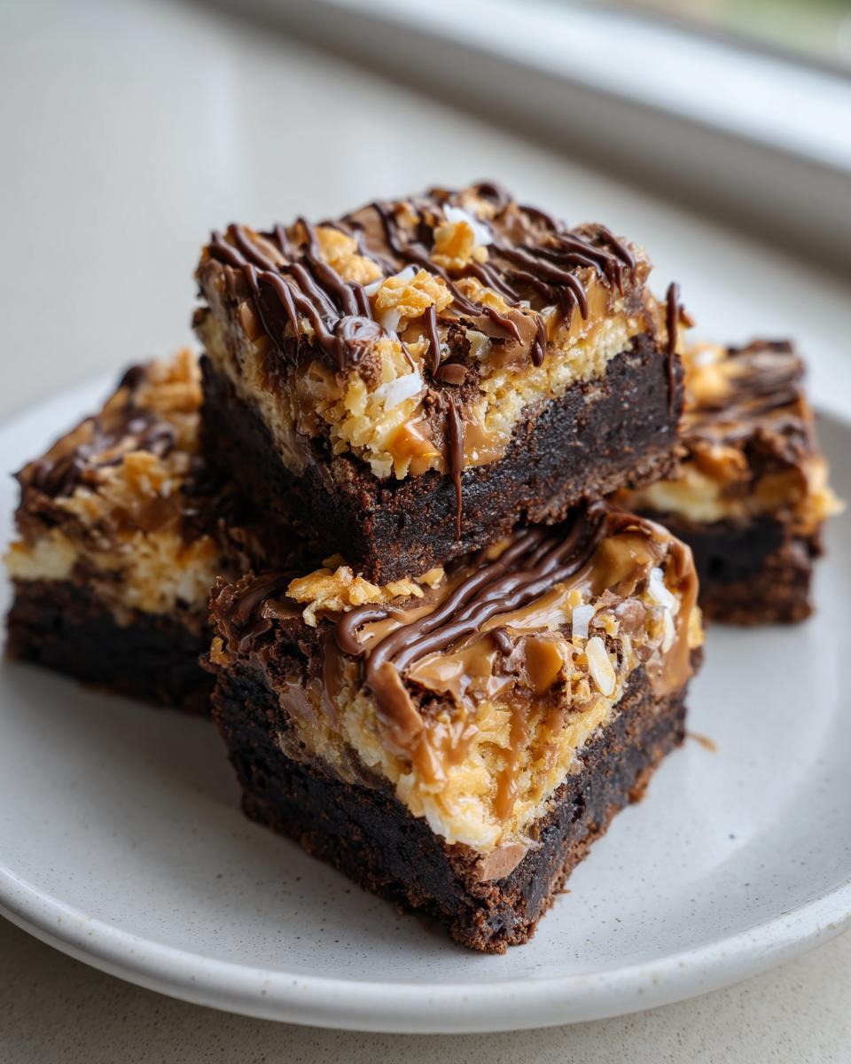Close-up of stacked Samoa box mix brownies featuring a thick caramel, coconut, and chocolate topping drizzled with more chocolate.
