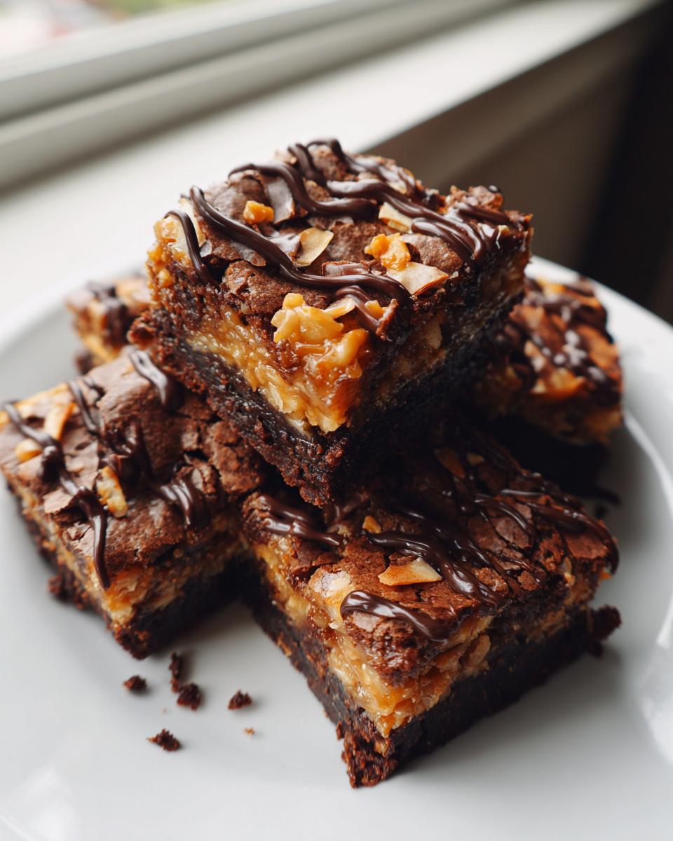 Four stacked Samoa box mix brownies topped with caramel, toasted coconut, and a chocolate drizzle.