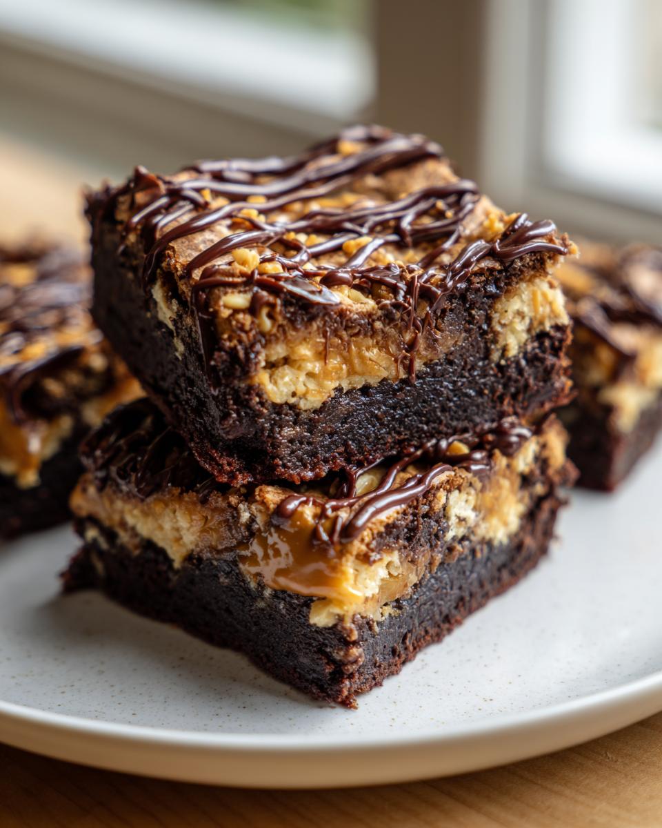 Two stacked, decadent Samoa box mix brownies featuring a thick caramel layer and chocolate drizzle.