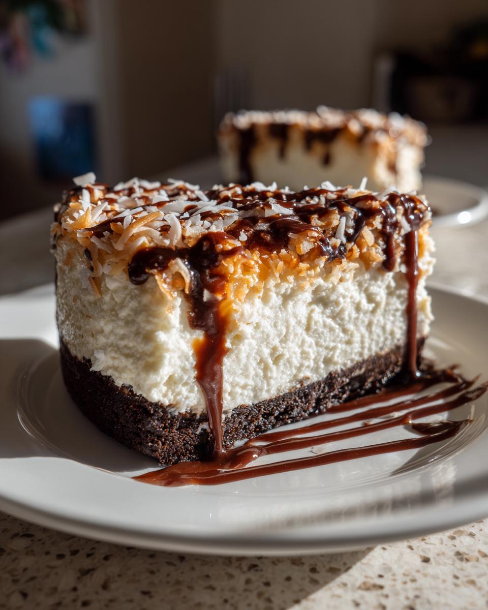 A close-up of a rich slice of Samoa Cheesecake with a dark crust, creamy filling, toasted coconut, and chocolate drizzle.