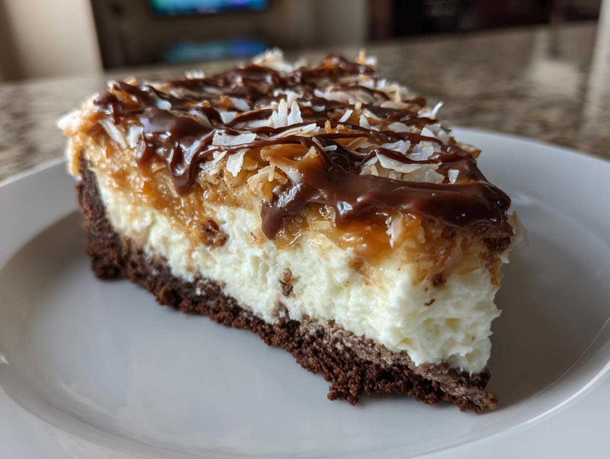 A close-up slice of rich Samoa Cheesecake featuring a dark crust, creamy filling, caramel, chocolate drizzle, and coconut flakes.