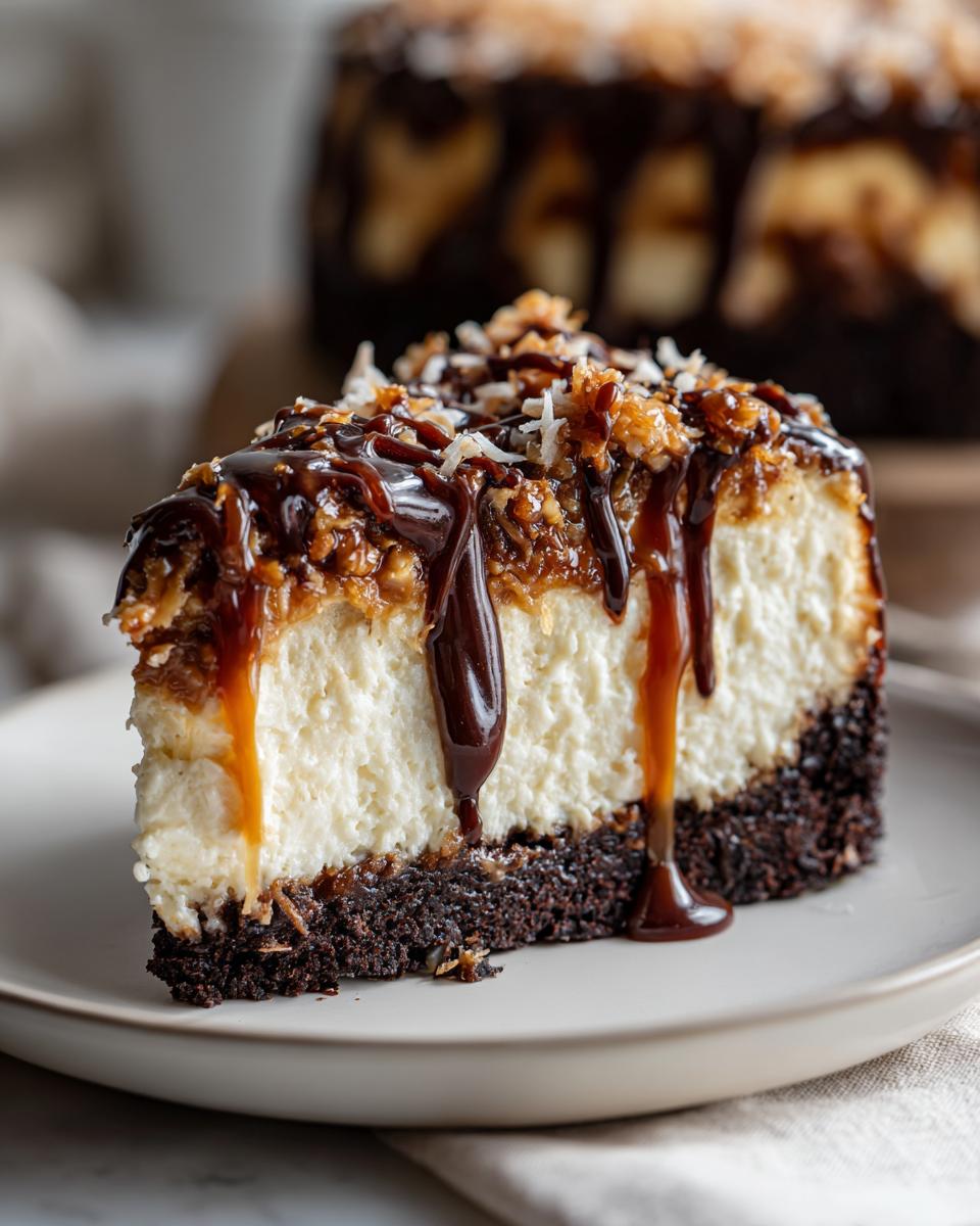 A decadent slice of Samoa Cheesecake featuring a dark crust, creamy filling, and topped with caramel, chocolate drizzle, and toasted coconut.