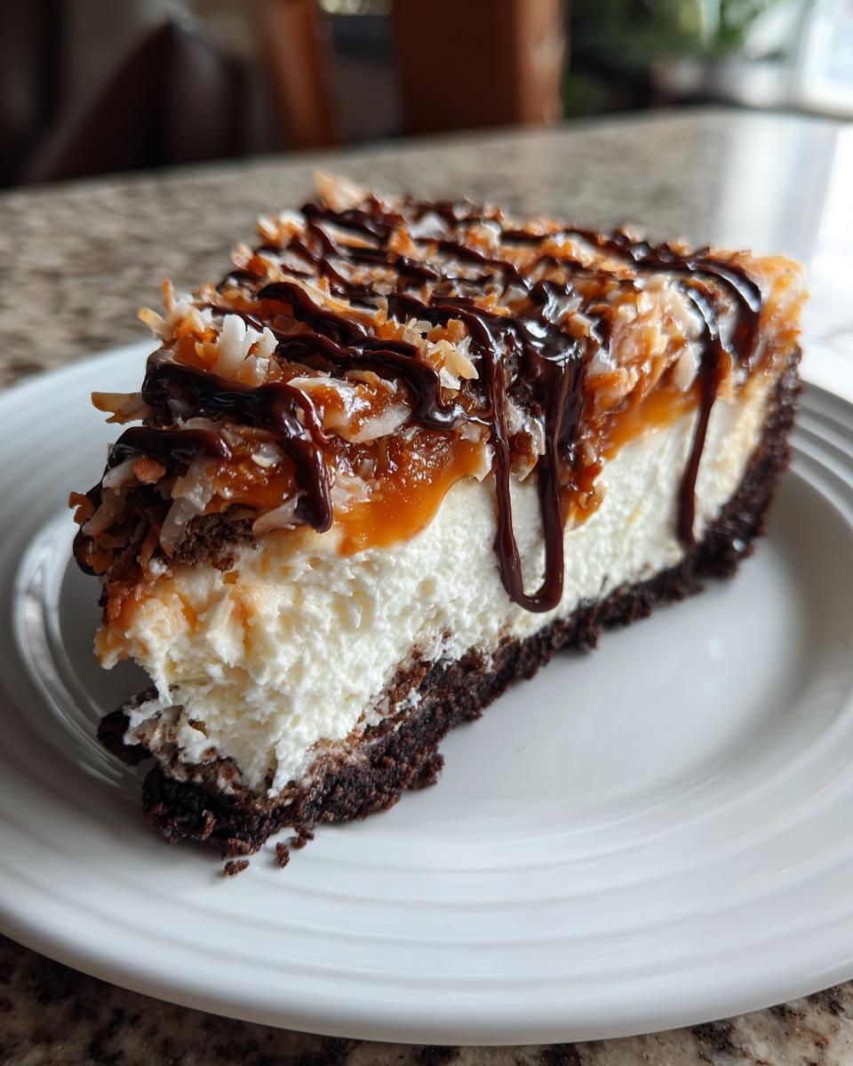 A decadent slice of Samoa Cheesecake featuring a dark crust, creamy filling, caramel, toasted coconut, and chocolate drizzle.