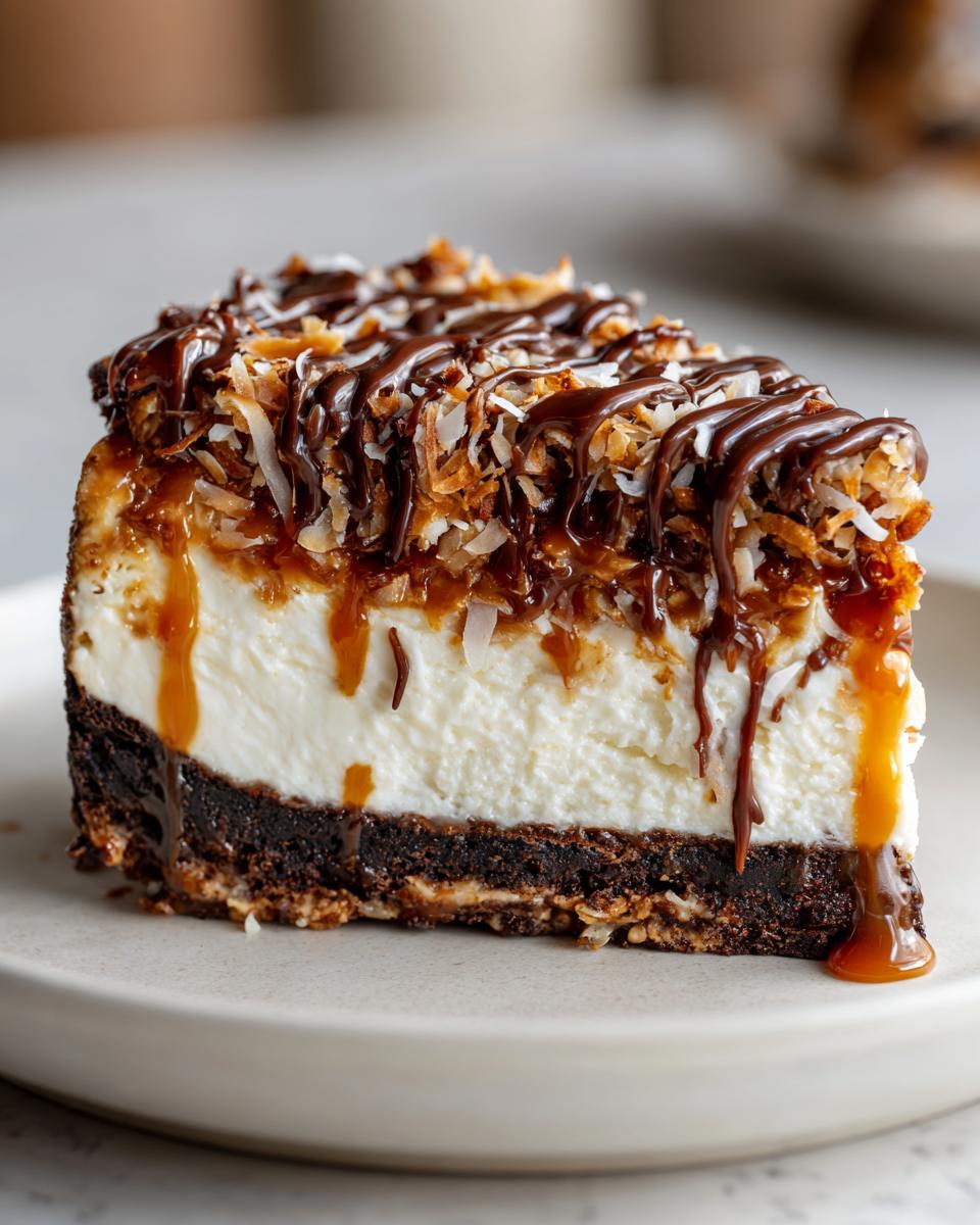 A decadent slice of Samoa Cheesecake featuring a dark crust, creamy white filling, toasted coconut, and drizzles of caramel and chocolate sauce.