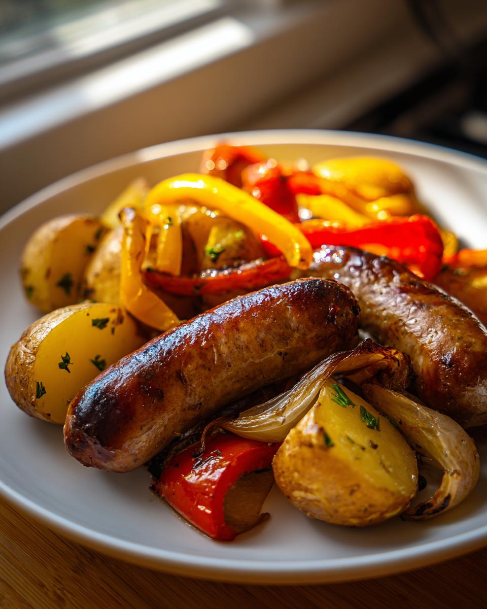 A close-up of roasted sausage peppers onions and potatoes served on a white plate.