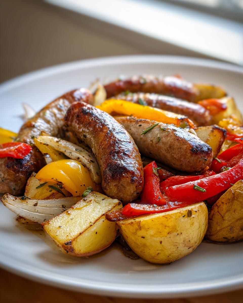 Close-up of browned sausages mixed with roasted potatoes, red peppers, yellow peppers, and onions from the sausage peppers onions and potatoes recipe.