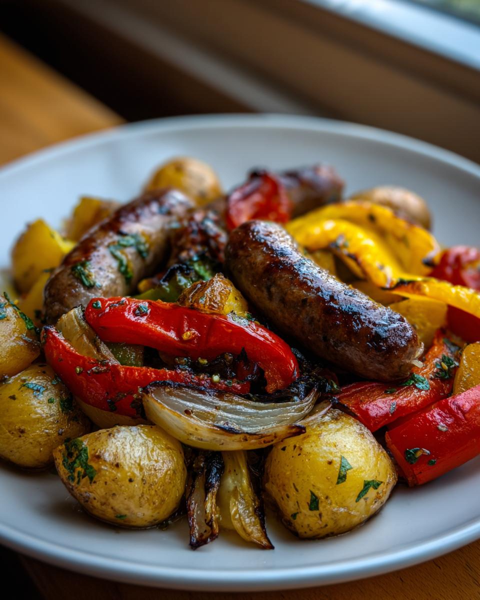 Close-up of roasted sausage peppers onions and potatoes seasoned with herbs on a white plate.