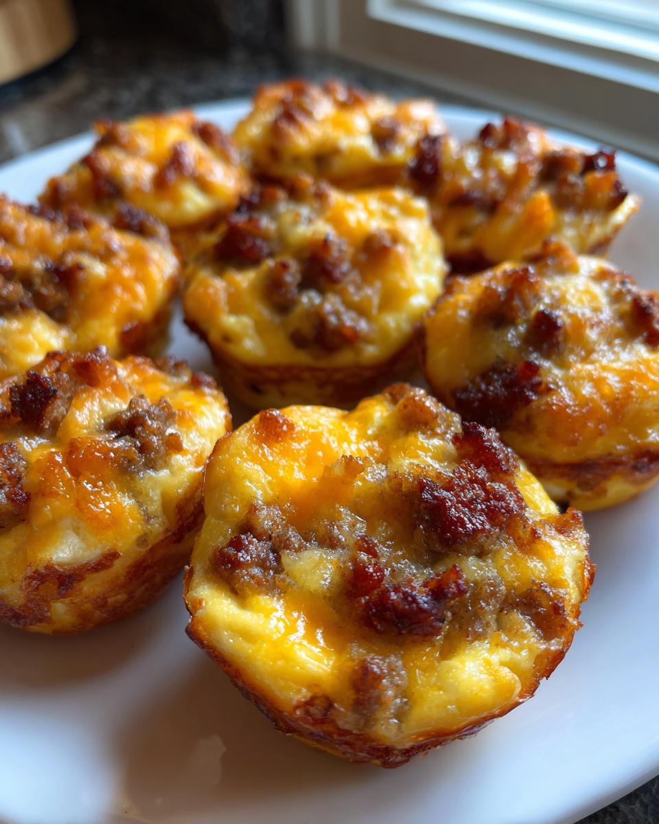 A plate filled with freshly baked, golden-brown mcgriddle bites topped with melted cheese and crumbled sausage.