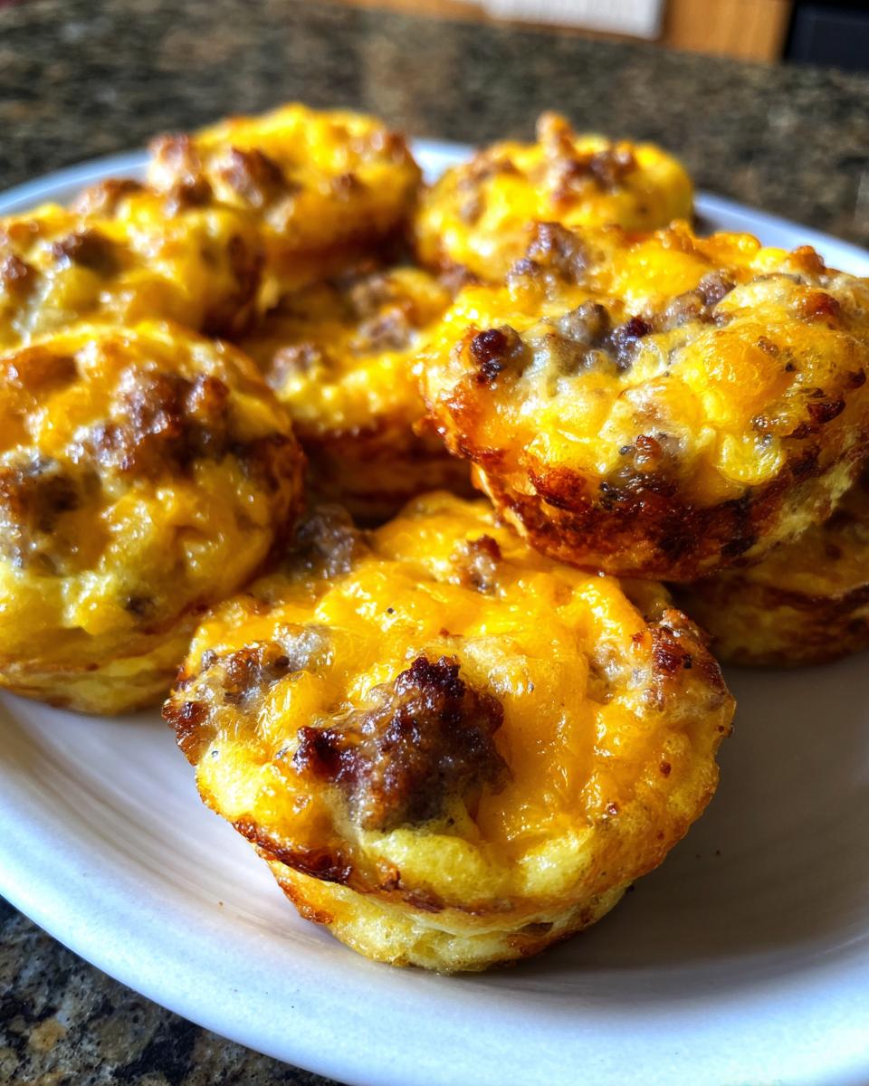 A plate piled high with freshly baked, golden-brown mcgriddle bites topped with melted cheddar cheese and sausage crumbles.