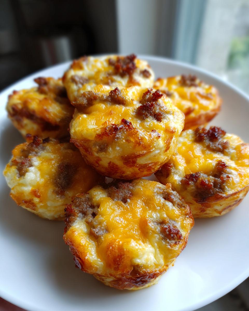 A stack of golden-brown, cheesy McGriddle bites topped with crumbled sausage, served on a white plate.