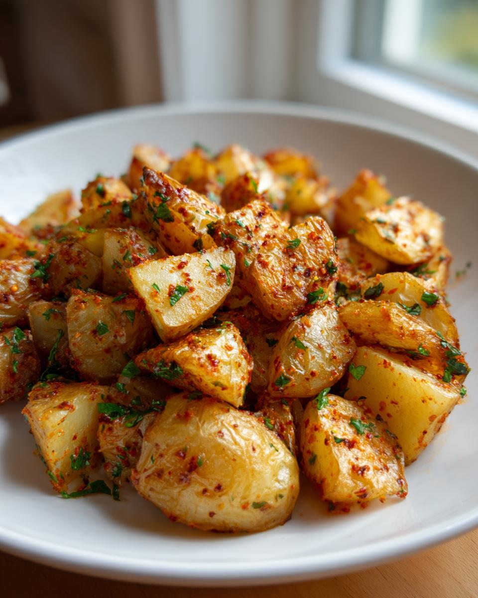Close-up of seasoned, roasted potato salad chunks garnished with red pepper flakes and parsley in a white bowl.