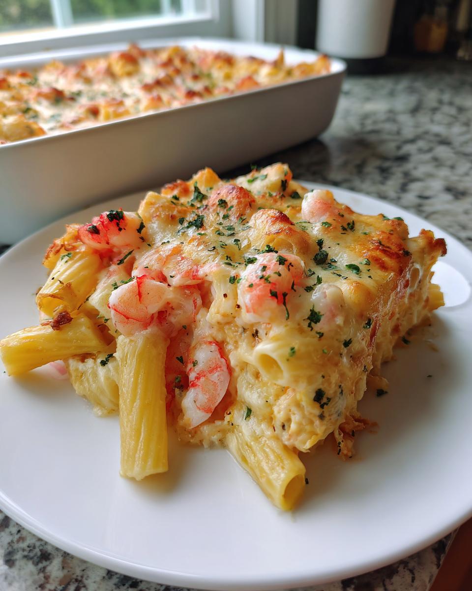 A close-up serving of shrimp scampi pasta bake on a white plate, topped with melted cheese and parsley.