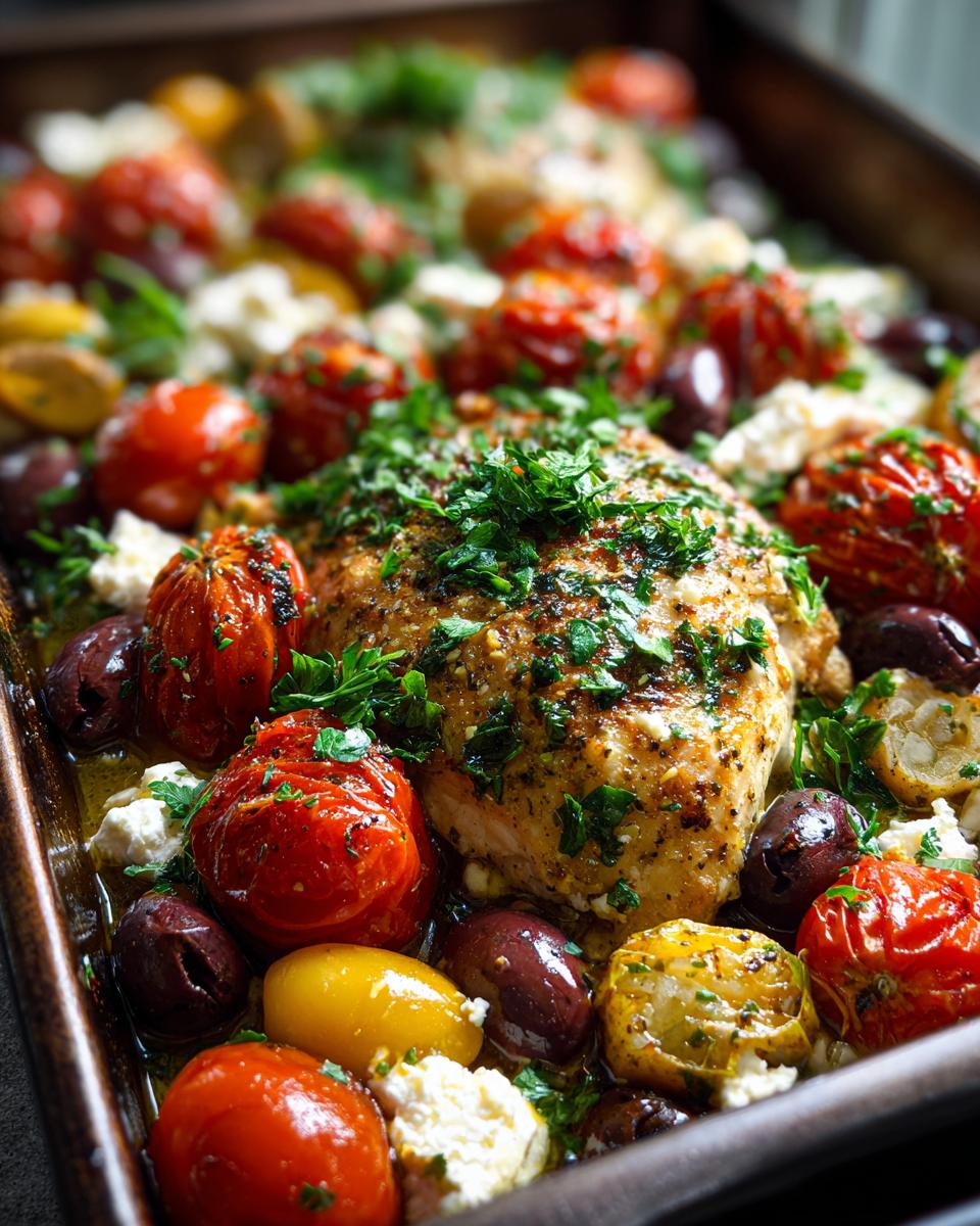 Close-up of a juicy mediterranean chicken bake breast topped with herbs, surrounded by roasted cherry tomatoes, olives, and feta cheese.
