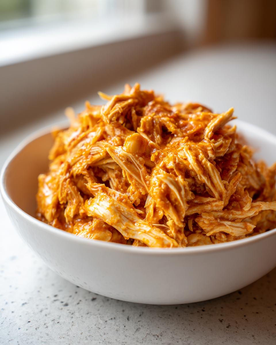 Close-up of shredded chicken coated in orange buffalo sauce, ready for slow cooker buffalo chicken chili.