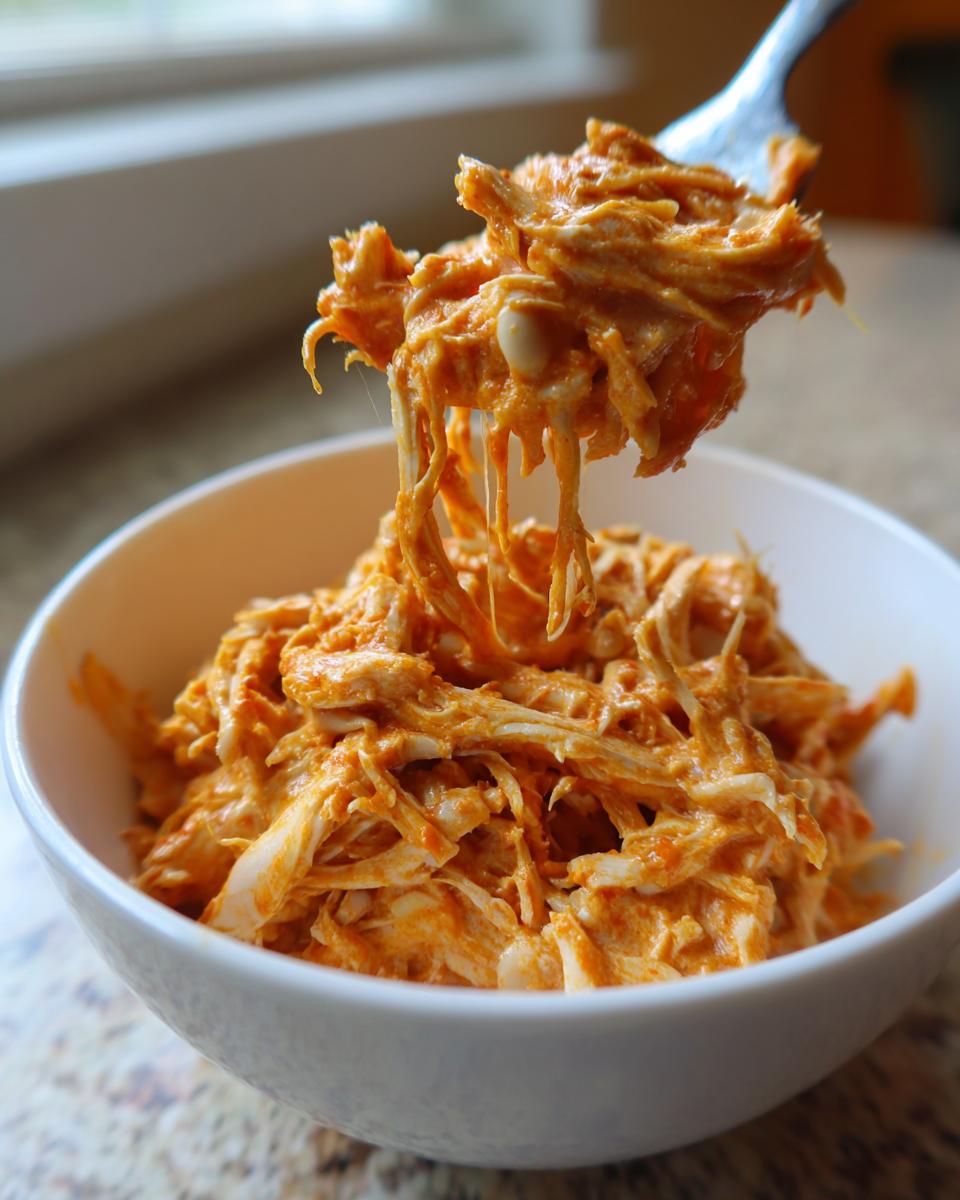 A fork lifts creamy, shredded chicken coated in orange sauce from a white bowl of slow cooker buffalo chicken chili.