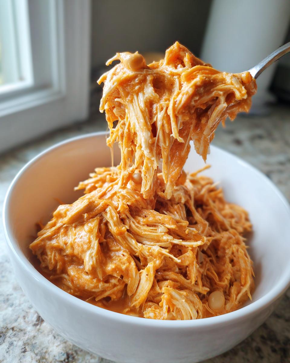A fork lifting creamy, shredded chicken coated in orange sauce from a bowl of slow cooker buffalo chicken chili.