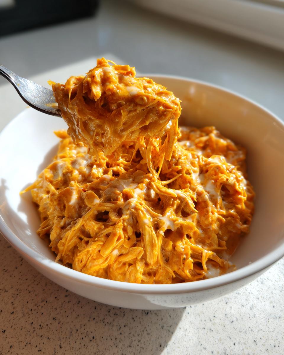 A fork lifts a generous portion of shredded, orange-sauced slow cooker buffalo chicken chili from a white bowl.