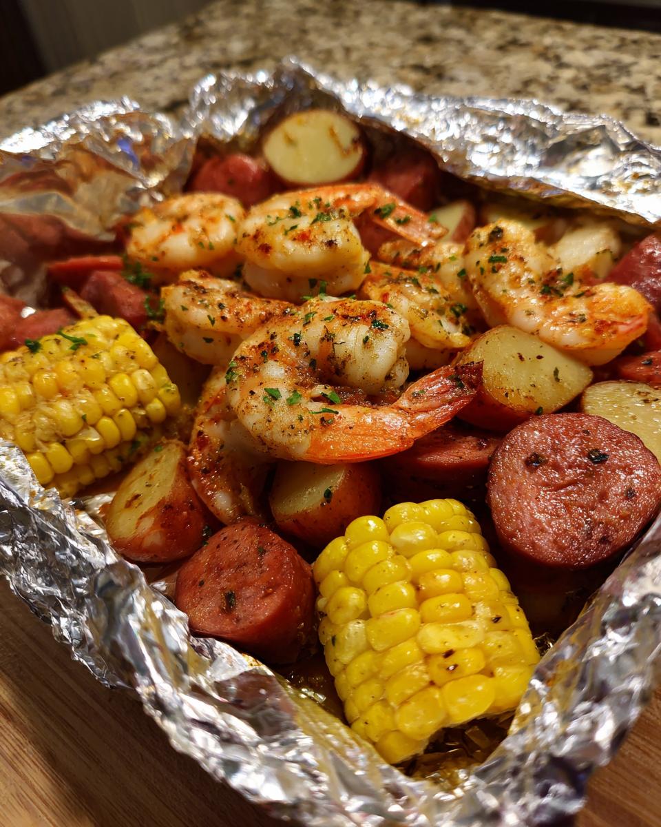 Close-up of cooked shrimp and sausage foil packs showing seasoned shrimp, smoked sausage slices, corn on the cob, and potatoes.