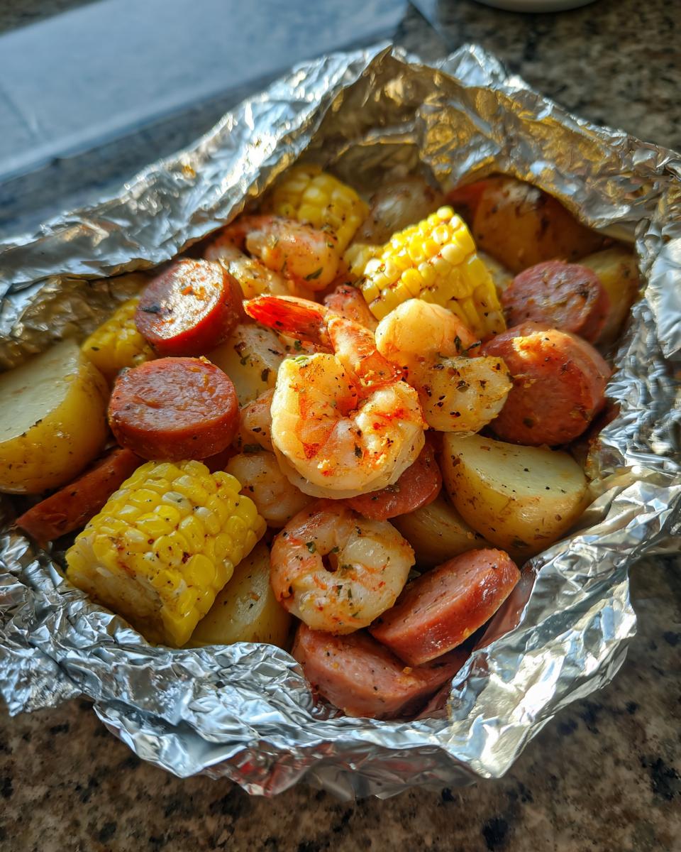 Close-up of cooked shrimp and sausage foil packs ingredients including corn on the cob and potatoes.