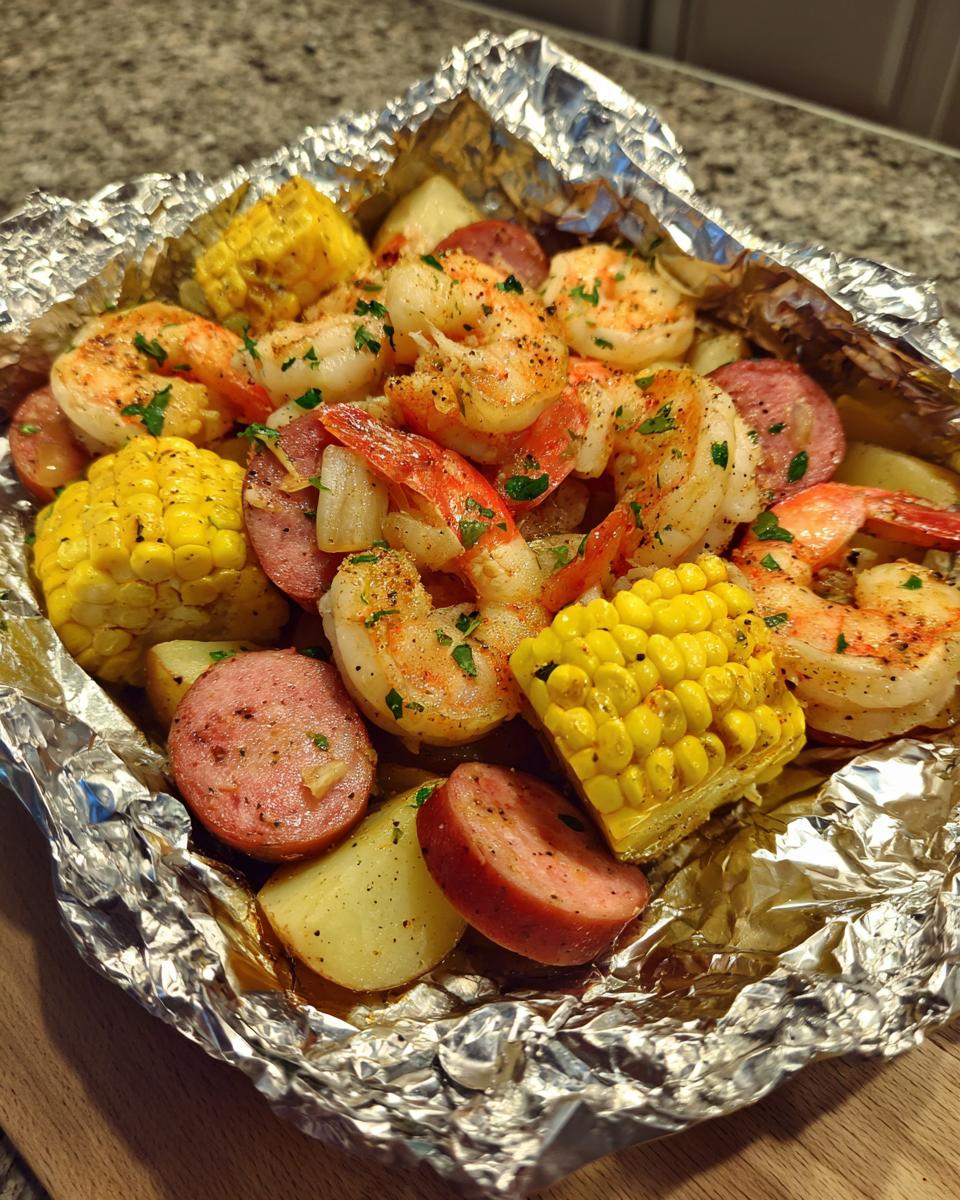 Close-up of cooked shrimp and sausage foil packs containing corn on the cob pieces and potatoes, seasoned with herbs.