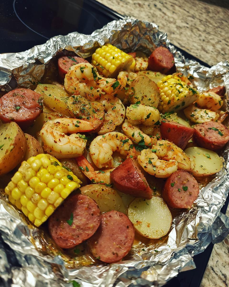 Close-up of cooked shrimp and sausage foil packs contents: shrimp, sausage slices, corn on the cob, and potatoes seasoned with herbs.