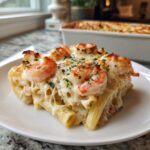 A close-up of a serving of shrimp scampi pasta bake, featuring penne pasta, creamy sauce, melted cheese, and topped with baked shrimp.
