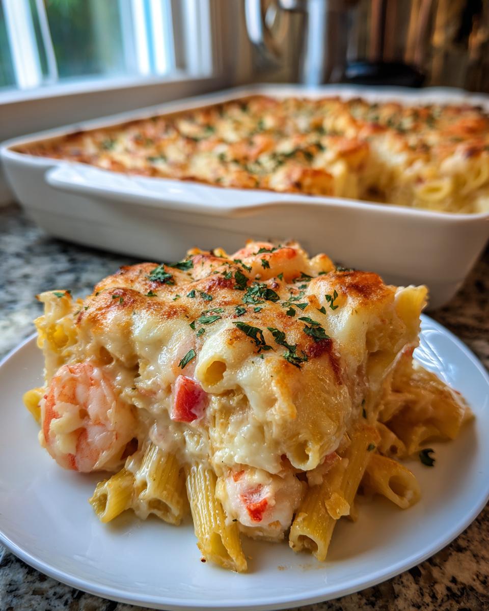 A close-up serving of creamy shrimp scampi pasta bake topped with melted cheese and parsley, with the full dish in the background.