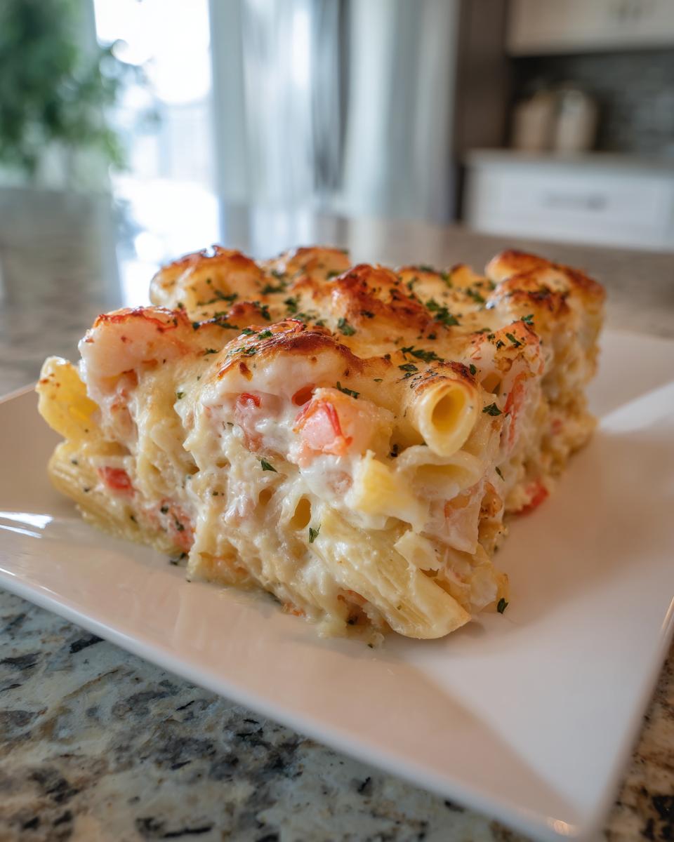 A close-up view of a serving of shrimp scampi pasta bake, featuring creamy sauce, pasta, shrimp, and a browned cheesy top.