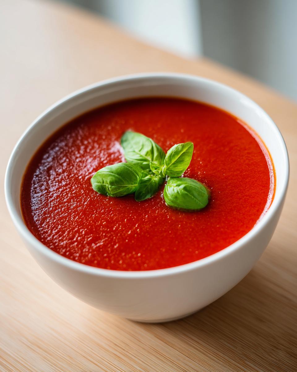 A vibrant bowl of simple tomato basil soup garnished with fresh basil leaves.