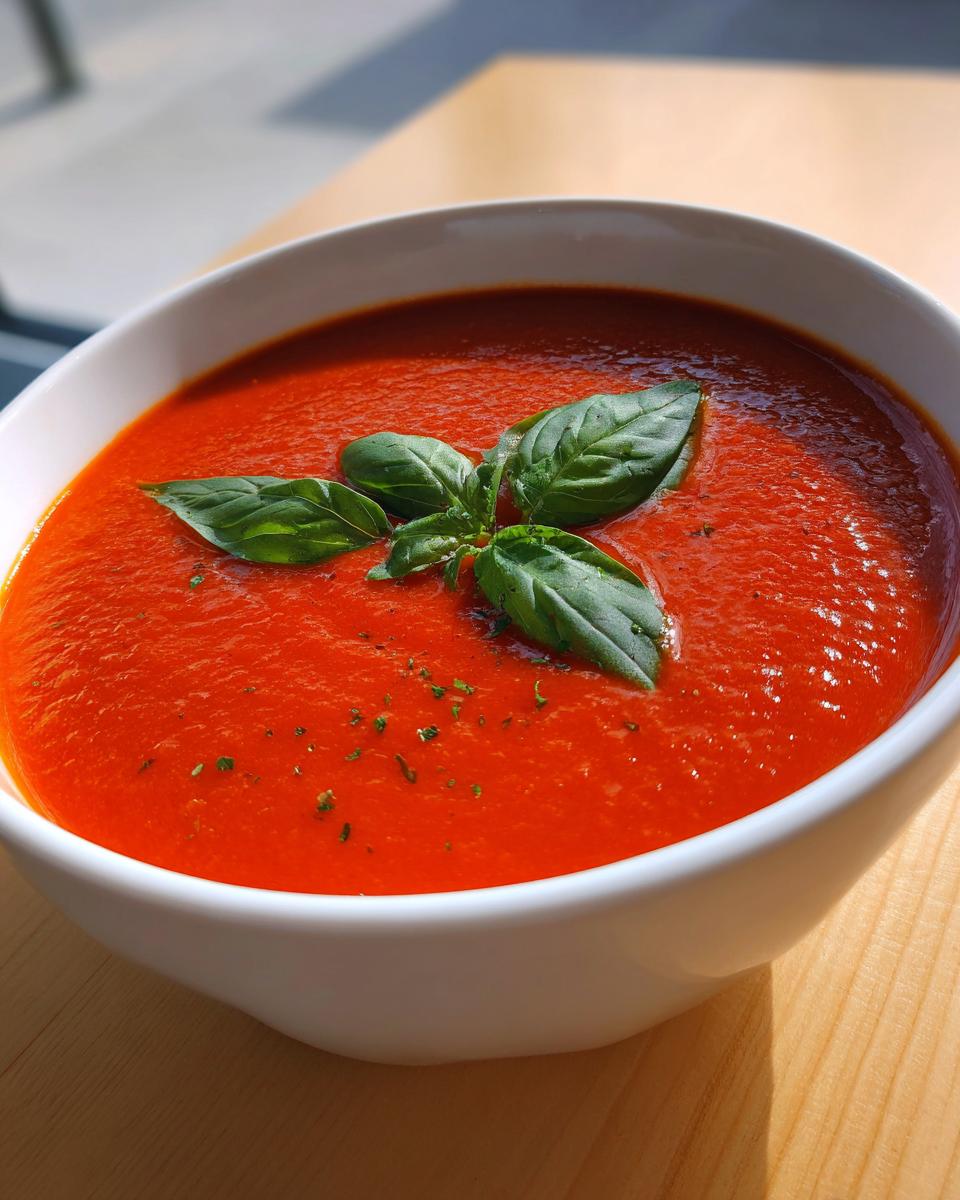 Close-up of a vibrant red bowl of simple tomato basil soup garnished with fresh basil leaves.