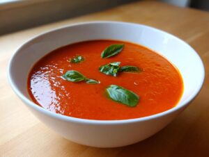A close-up of a vibrant bowl of simple tomato basil soup garnished with fresh basil leaves.