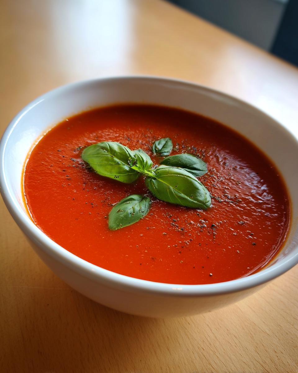 Close-up of a white bowl filled with vibrant red simple tomato basil soup, garnished with fresh basil leaves and black pepper.
