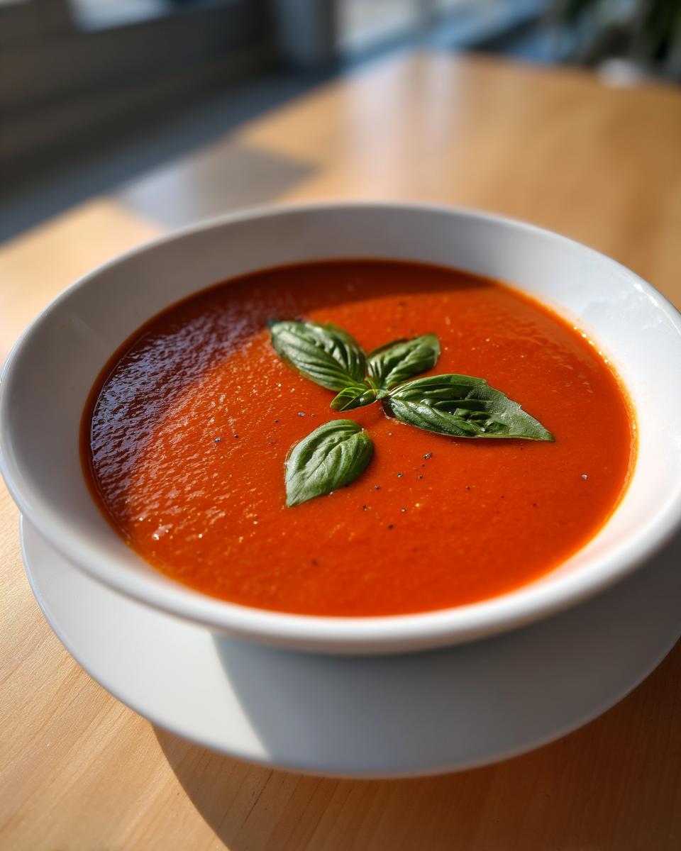 A vibrant bowl of simple tomato basil soup garnished with fresh basil leaves and black pepper.