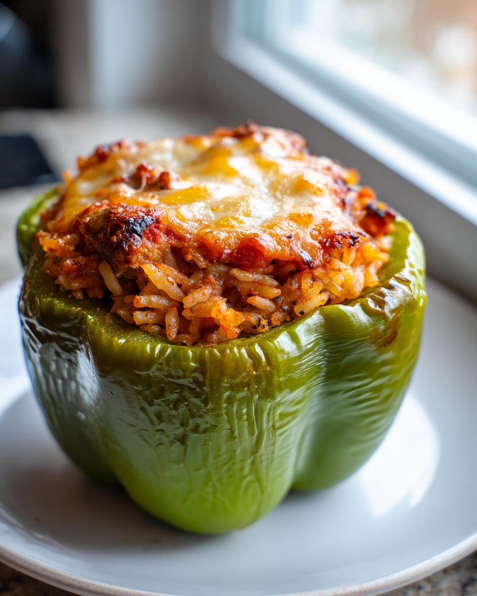 A close-up of a single green southern stuffed bell peppers filled with rice and meat mixture, topped with melted, browned cheese.