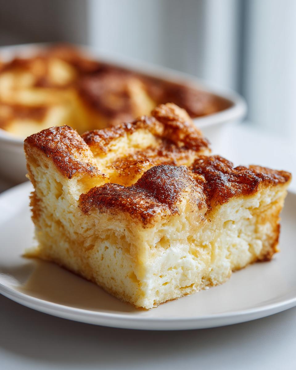 A square slice of golden brown baked french toast with a caramelized top served on a white plate.