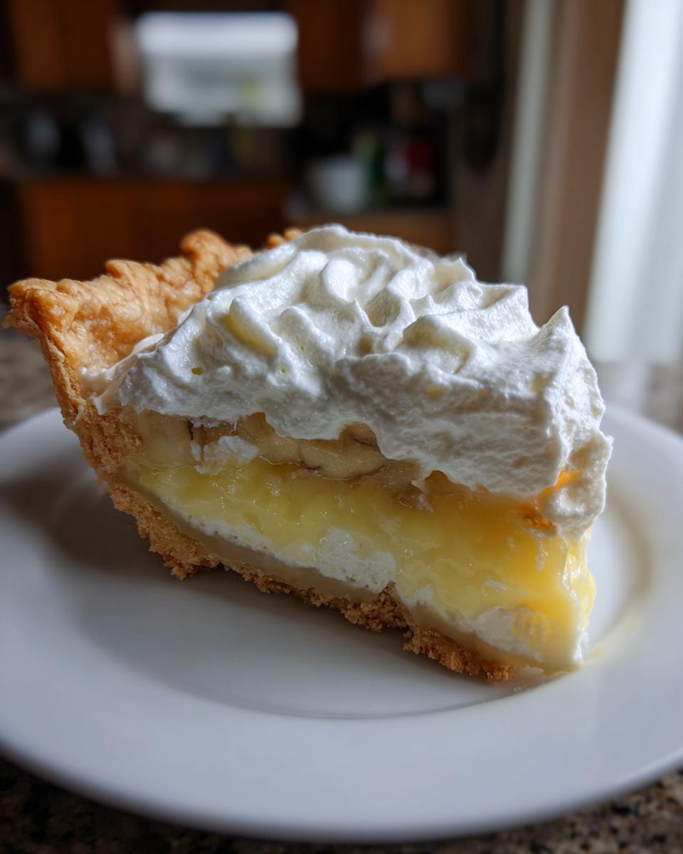 A generous slice of banana cream pie recipe showing a flaky crust, banana slices, yellow custard, and whipped cream topping.