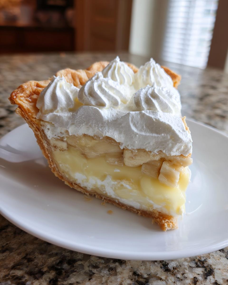 A tall slice of banana cream pie recipe showing layers of flaky crust, vanilla custard, banana slices, and piped whipped cream.