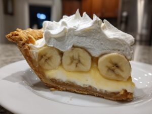 Close-up of a rich slice of banana cream pie recipe showing layers of flaky crust, vanilla custard, banana slices, and tall peaks of whipped cream.