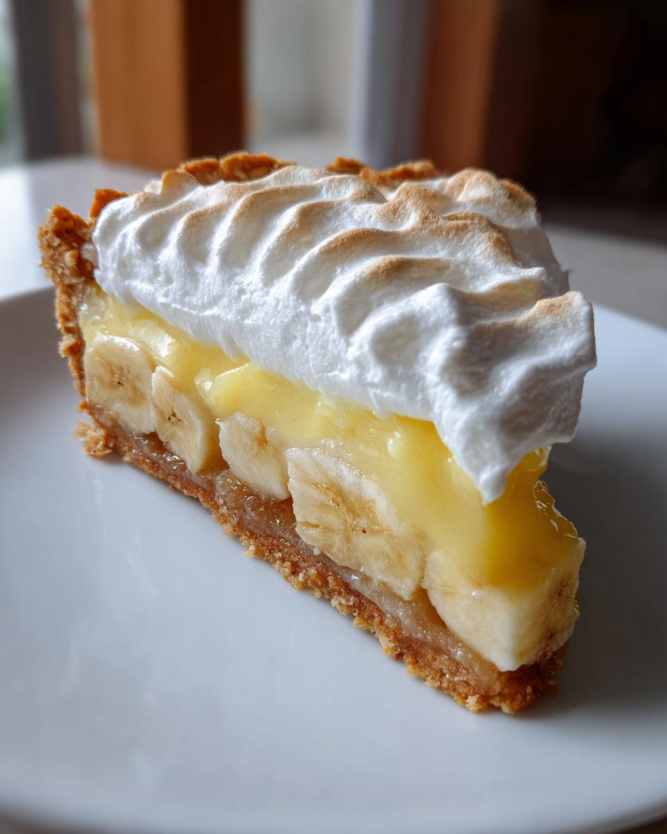 A close-up slice of banana cream pie recipe showing a graham cracker crust, sliced bananas, yellow custard, and toasted meringue.