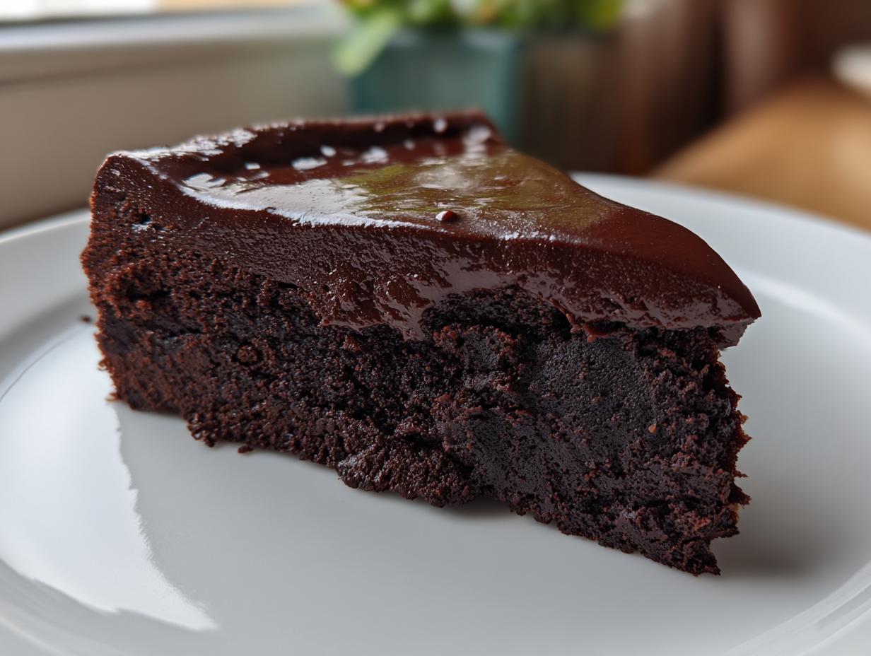 A decadent slice of flourless chocolate cake with a shiny, dark chocolate ganache topping, served on a white plate.