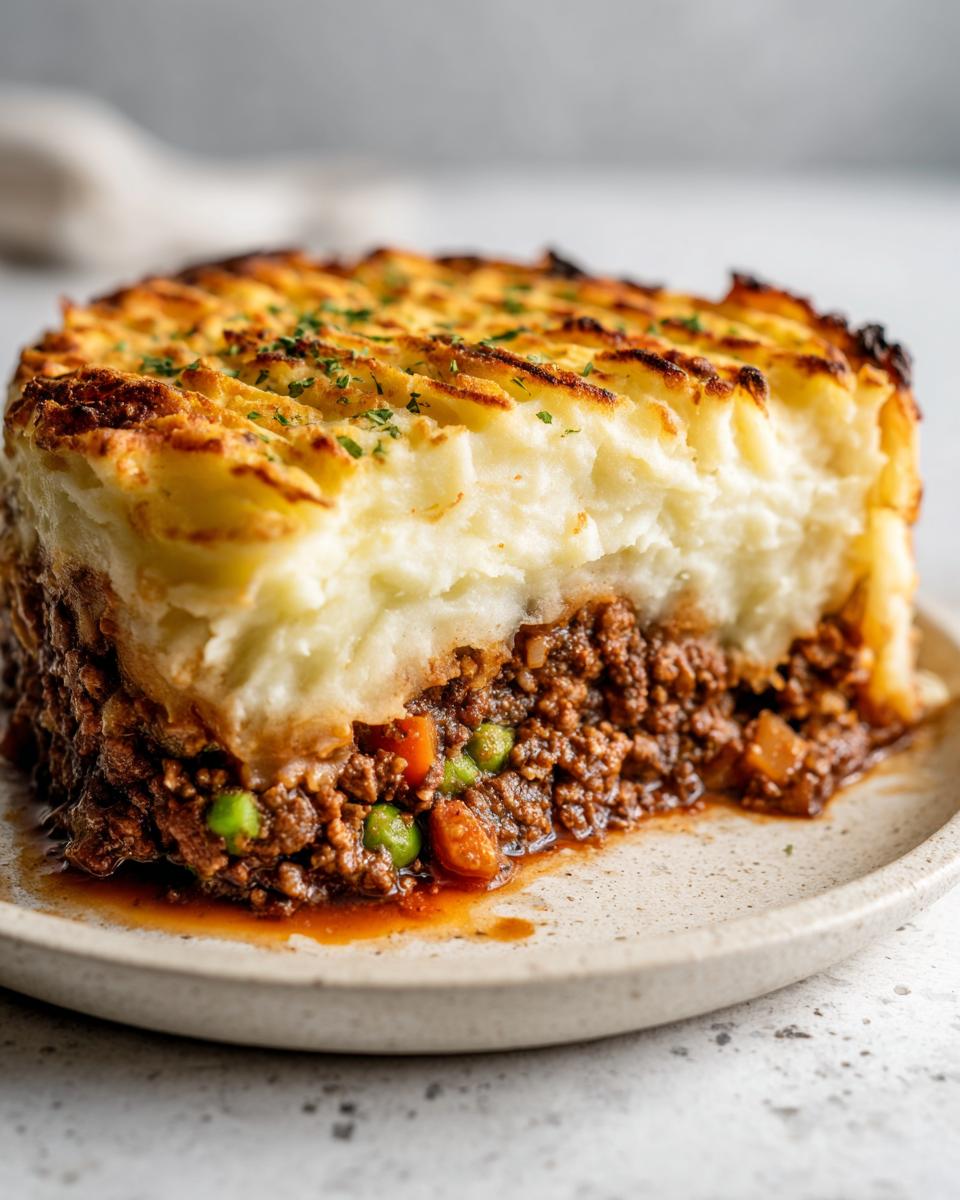 A thick, perfectly portioned slice of cottage pie showing a rich meat filling and golden, textured mashed potato topping.