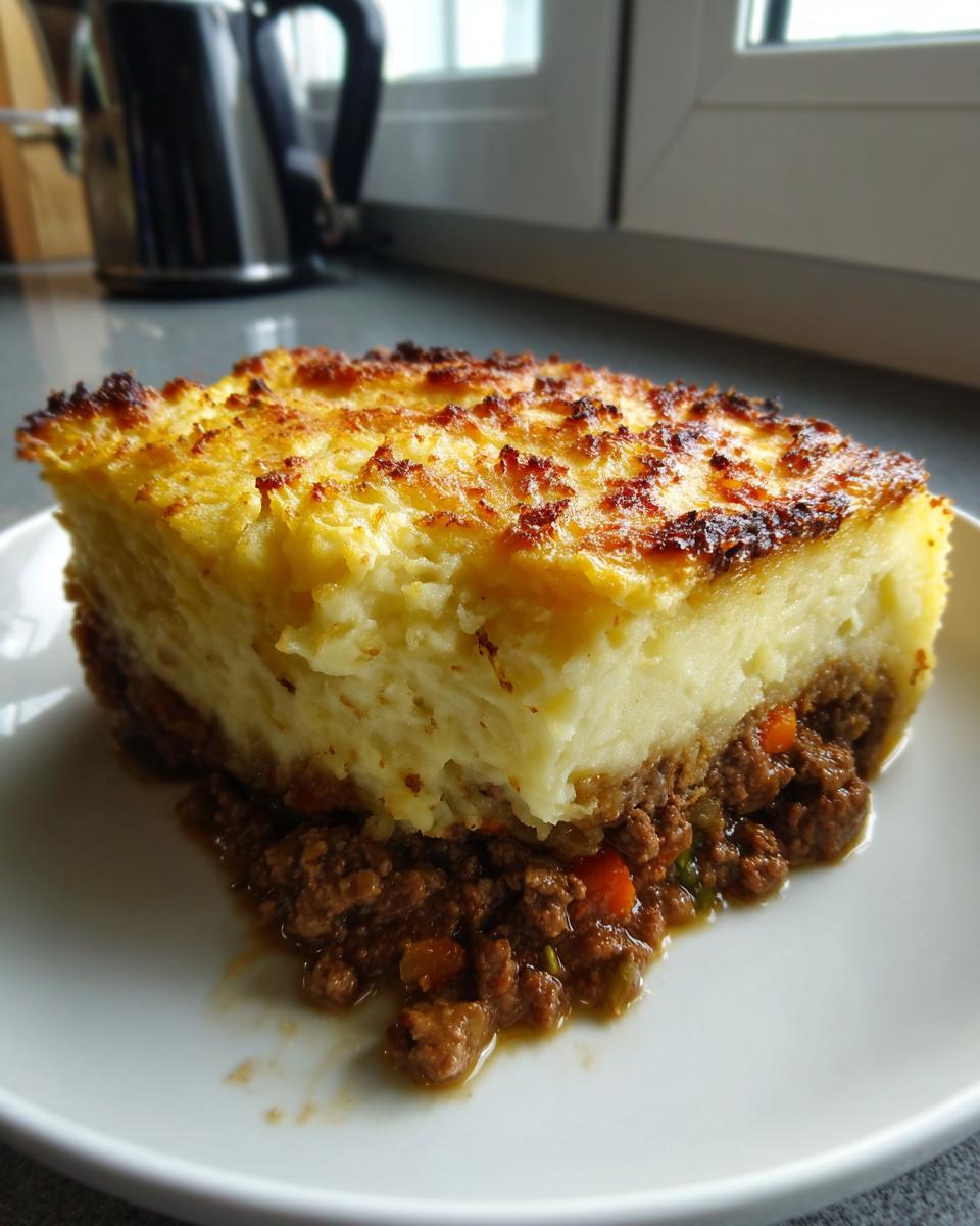 A generous square slice of homemade cottage pie showing a thick layer of browned mashed potato topping over savory minced meat filling.
