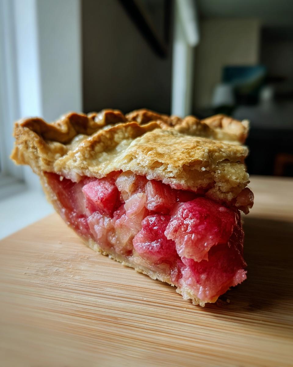 Close-up of a thick slice of homemade rhubarb pie showing the bright pink, chunky filling and flaky crust.