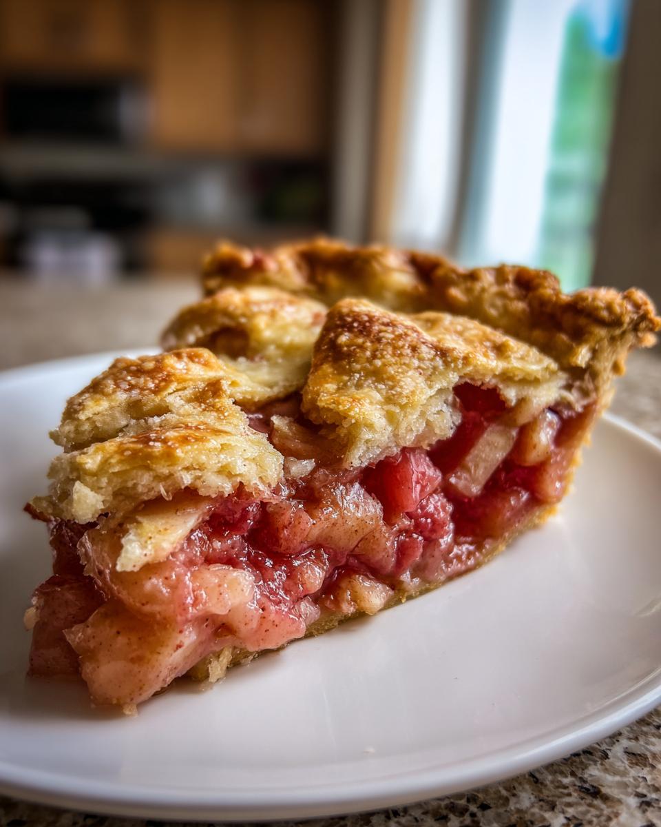 Close-up of a thick slice of homemade rhubarb pie showing the juicy pink filling and golden lattice crust.