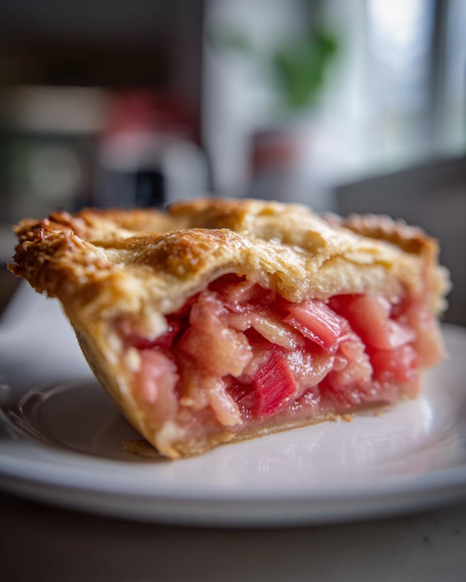 Close-up of a thick slice of rhubarb pie showing bright pink filling and flaky golden crust on a white plate.
